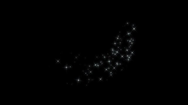 Glowing particle star sparkle animation, 2d glitter star sparkle animation, magic line dust, pixie dust path, glitter line stars, shining sparkle motion on transparent black screen background. 4K