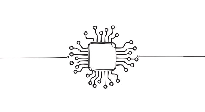Hand-drawn doodle style microchip illustration shows a central square processor with numerous connecting circuit lines radiating outwards, presented in a clean, artistic black and white sketch