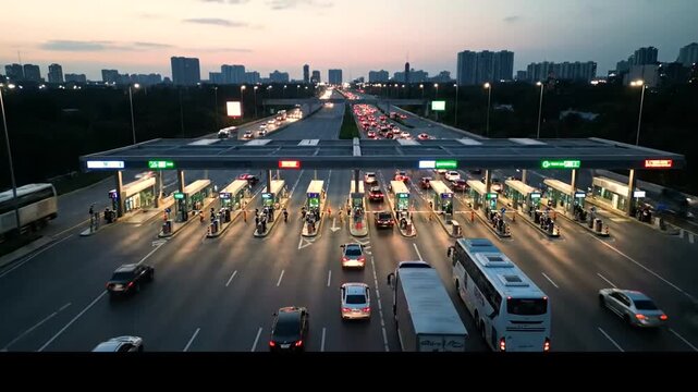 Busy toll booth at evening rush.