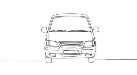 Obraz premium Minimalist continuous line drawing of a front-facing van, showcasing its simple design with clean black outlines on a bright, clear surface