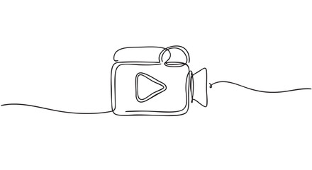 Obraz premium Continuous line drawing video camera with a play button icon illustrates the concept of video production, streaming, and multimedia content in a minimalist black and white style