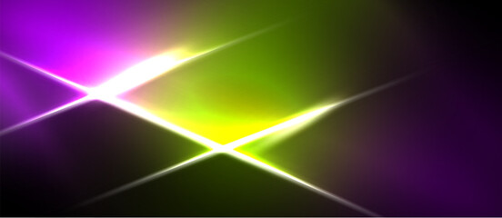 Fototapeta premium Bright abstract light streaks radiate from center. Vivid purple, green, yellow hues dominate dark background. Energy flows.