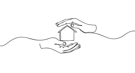 Obraz premium Two hands protectively hold a small house icon in a continuous line art drawing, symbolizing home security and care with a minimalist aesthetic