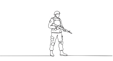 Fototapeta premium Professional continuous line drawing soldier stands in full tactical gear, holding a rifle with a focused and ready posture, depicted in a minimalist art style