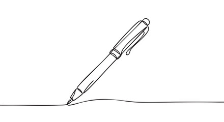 Fototapeta premium Continuous line drawing of a sleek pen writing a wavy line, illustrating creativity, communication, and simplicity with a minimalist aesthetic
