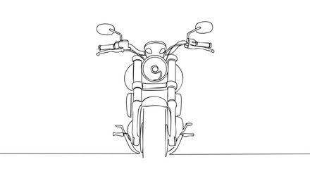 Fototapeta premium Minimalist continuous line art motorcycle is depicted from a front view, showcasing its classic shape with handlebars, mirrors, and a prominent headlight in a clean, simple illustration