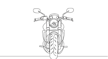 Obraz premium Minimalist single line art motorcycle drawing, viewed from the front, showcases its classic design with a prominent headlight, handlebars, and front wheel in a clean, artistic illustration