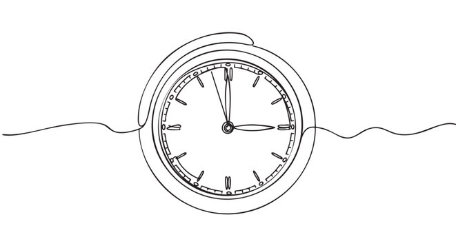 Minimalist continuous line art clock face with hands pointing to three o'clock, rendered in a simple, elegant, and modern illustrative style