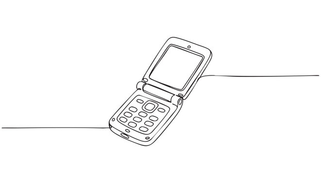Single continuous line drawing of an open flip phone features a retro mobile device with a visible screen and keypad, rendered in a minimalist artistic style