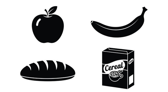 Assorted breakfast foods including apple, banana, bread, and cereal box, depicted in simple black illustrations on a clean background.