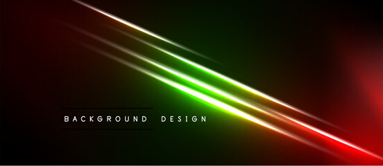 Obraz premium Abstract design features vibrant red, green lines against black backdrop. Diagonal streaks create dynamic visual effect. Modern, sleek presentation.