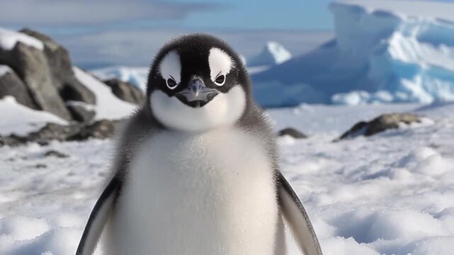 Close-up of young Adelie penguin standing on snowy Antarctic landscape with icebergs and rocks in background, looking curiously at camera