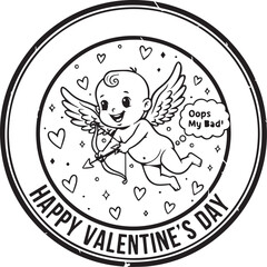Humorous Cupid Valentine's Day Badge Collection Set of Playful Black and White Circular Emblems Featuring Mischievous Cupid Mascots 
