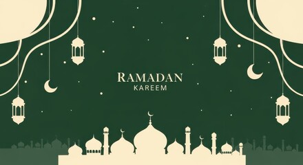 Serene deep green flat illustration celebrating ramadan kareem with mosque silhouettes and lanterns. background