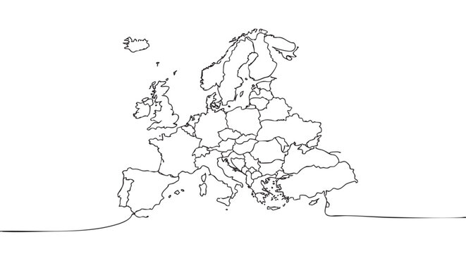 Minimalist continuous line drawing map of Europe with detailed country outlines, presented in a clean, artistic black and white style