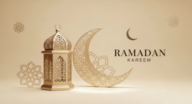 Elegant 3d golden lantern and crescent moon composition for a warm ramadan kareem greeting.