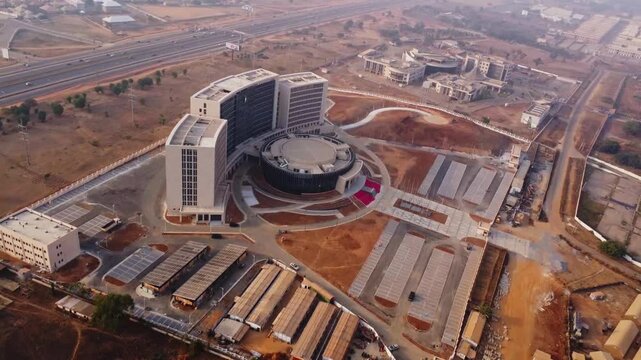 Beautiful aerial view of the Eye of West Africa ECOWAS headquarters on a sunny day in Abuja, Nigeria
