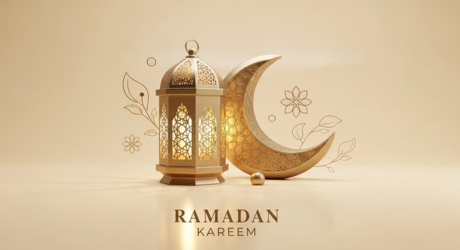 Luxurious 3d illustration featuring a golden ramadan lantern and crescent moon on a serene beige background.
