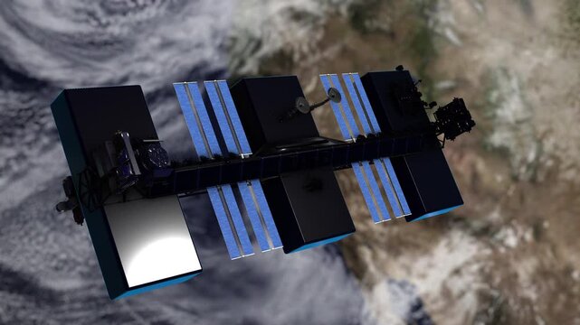 Orbital Data Center used for AI Artificial Intelligence High Above Eath with Solar Panels. Represents global connectivity, secure data storage, and advanced satellite communications.