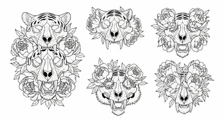Obraz premium Set of six geometric line art animal faces including tiger lion wolf and their stylized symmetrical designs for creative projects and decorative