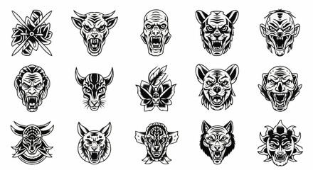 Fototapeta premium Collection of diverse animal and creature face illustrations for creative design projects and visual storytelling