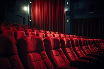 Fototapeta premium Comfortable red velvet seats in an empty cinema, ready for a movie screening