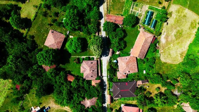 Direct overhead drone shot of village houses with terracotta roofs, lush gardens, and surrounding greenery.