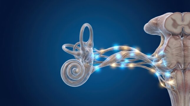 Illustration of the human inner ear and auditory nerve transmitting signals to the brain, highlighting neural pathways.