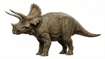 Obraz premium A realistic, detailed model of a Triceratops dinosaur, depicted in a side profile against a clean white background, showcasing its distinctive frill and three horns.