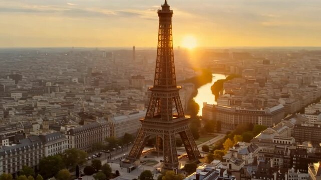 Eiffel Tower at sunset with cityscape and river Seine in Paris, France, showcasing travel and tourism