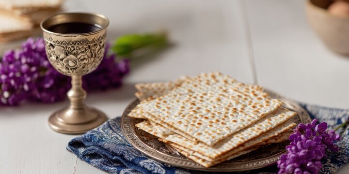 Jewish Passover Seder Plate with Matzah crackers and wine cup on a dining table with spring flowers for holiday celebration and religious educational content