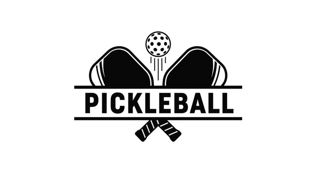 Pickleball logo features two black paddles and a perforated ball with bold text centered between parallel lines on a white background.