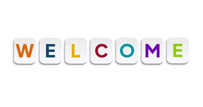 Animated welcome text displayed on colorful rounded tiles with a clean, minimal style. Ideal for introductions, presentations, onboarding videos, kids education contents