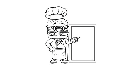 Obraz premium Black and white line art features a hamburger chef pointing toward a blank menu board while wearing a professional uniform and hat.