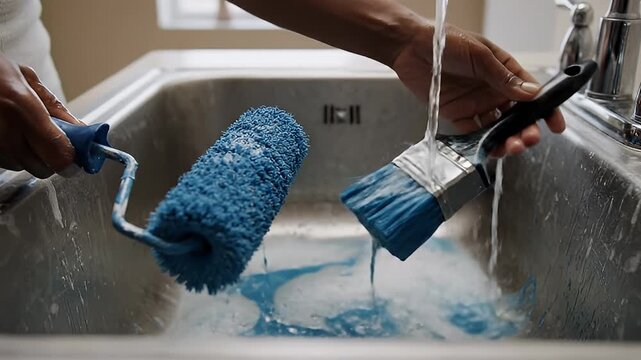 Video Of Cleaning Blue Paint Rollers In Sink.
