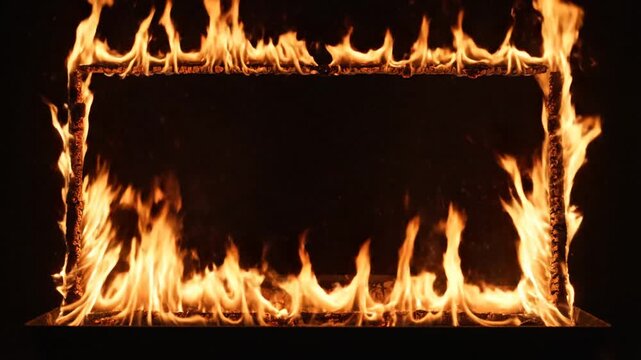 Flames forming a rectangular frame with intense fire and sparks on a dark background for dramatic or cautionary use