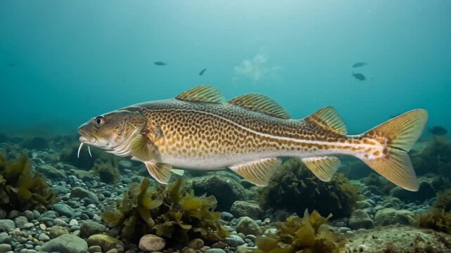 Atlantic cod fish swimming in clear blue ocean water, rocky seabed with green seaweed, marine wildlife, serene underwater scene.