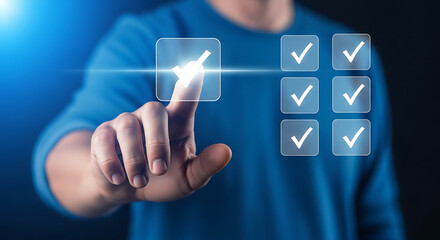 Hand clicking on a digital checklist with multiple options, symbolizing task completion and decision making