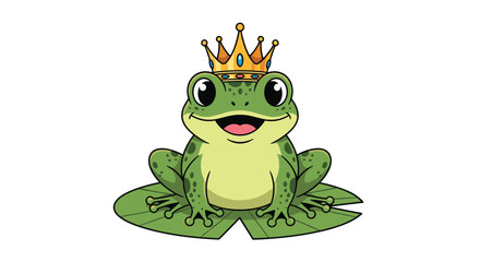 Fototapeta premium Adorable green cartoon frog prince wearing a golden jeweled crown sitting happily on a green lily pad floating in a pond with a big smile.