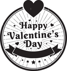 Vintage Starburst Valentine's Day Badge Retro Circular Black and White Emblem Featuring a Large Heart Topper, Ribbon Banner, and Radiant Sunburst Detail