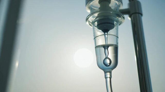 Close Up Medical IV Drip With Saline Solution In Hospital
