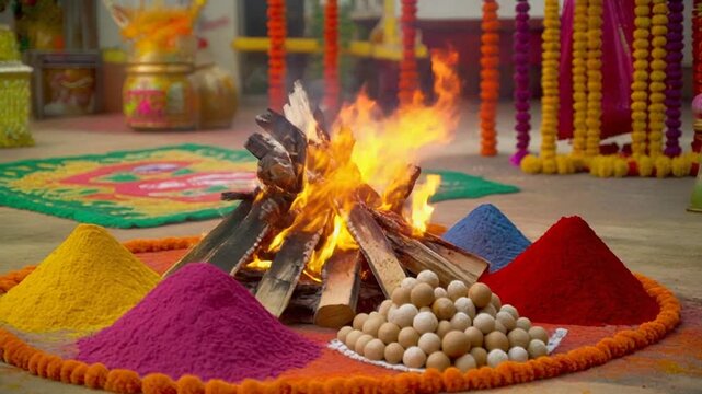 Holi celebration with bonfire, colored powders, and sweets on a decorated floor in a festive setting