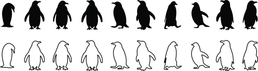 Fototapeta premium Penguin Flat Line Style Vector Black Icon Set, Antarctic Bird Silhouette Symbol Collection and Wildlife Outline Graphic Group Featuring Penguin, Seabird and Flightless Bird