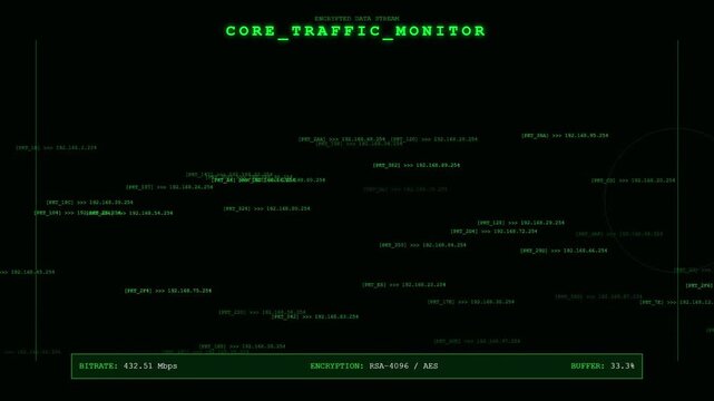 Cyber Security Network Traffic Monitor HUD: Encrypted Data Stream with IP Addresses and RSA-4061 Encryption Animation
