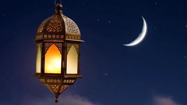 Lantern shines under crescent moon in night sky with clouds