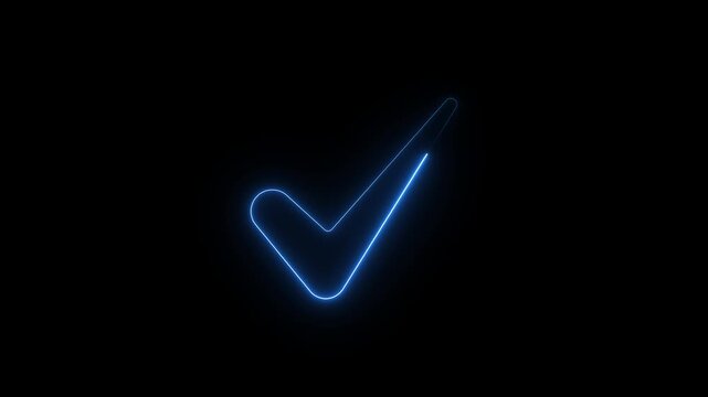 A sharp, vibrant blue neon outline of a checkmark symbol, elegantly curved and glowing brightly against a completely black background, signifying completion, agreement, or a positive affirmation