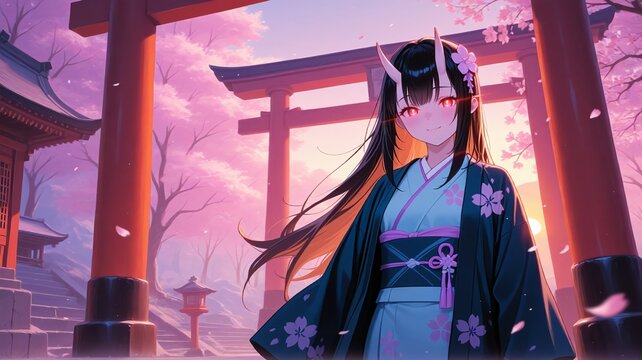 Anime girl in traditional Japanese outfit standing near a torii gate, soft pink tones, calm and atmospheric mood.