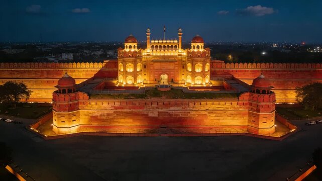 red fort illuminated at night aerial drone zoom out video