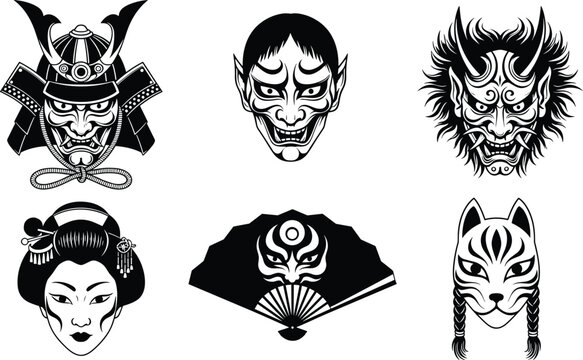 Japanese traditional mask collection samurai oni kitsune geisha kabuki noh demon fox warrior black white vector illustration design set artwork
