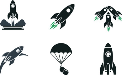 Rocket launch icon set space shuttle startup business growth technology innovation spaceship vector illustration collection design